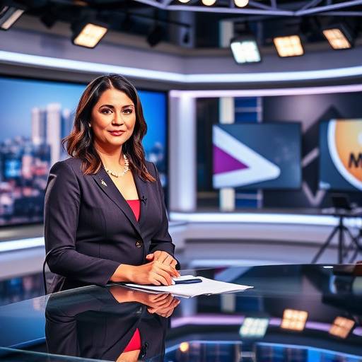 Apresentadora de notícias, Maria Rodrigues, num moderno estüdio de televisão com ecrãs e luzes profissionais, durante a apresentaäão do noticiário da noite.